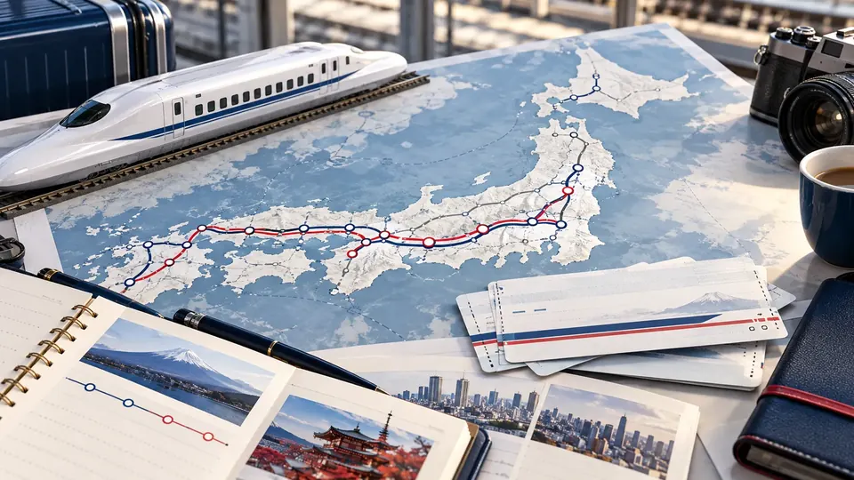 日本地図の上に新幹線の路線と模型を並べたイメージ