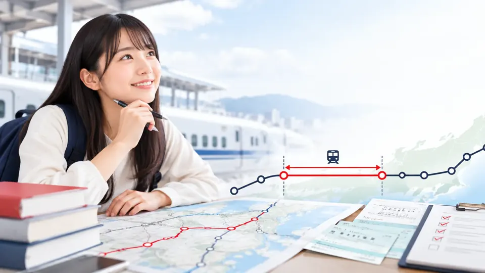 路線図とメモを前に、新幹線の移動区間を確認する学生