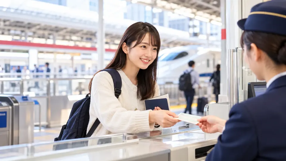 駅の窓口できっぷを受け取る学生