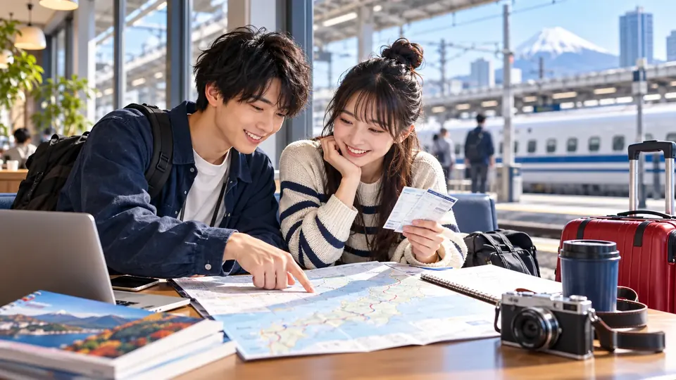駅のカフェで地図ときっぷを見ながら旅行の計画を立てる学生